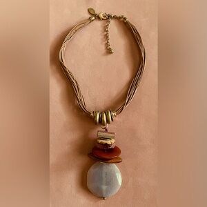 Chico’s chunky stones, wood, brass on a leather strung necklace 12” Fun piece